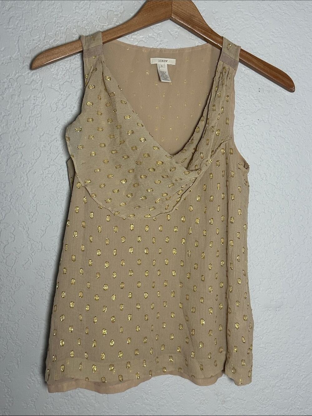 Vintage J. Crew Tan Sleeveless Top Gold Metallic Polka Dot Silk Fall Holiday